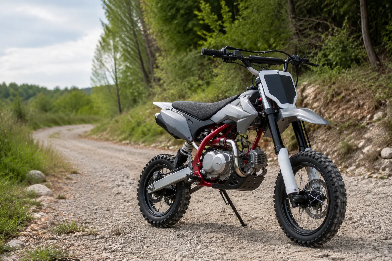 Compact off-road pit bike parked on a trail