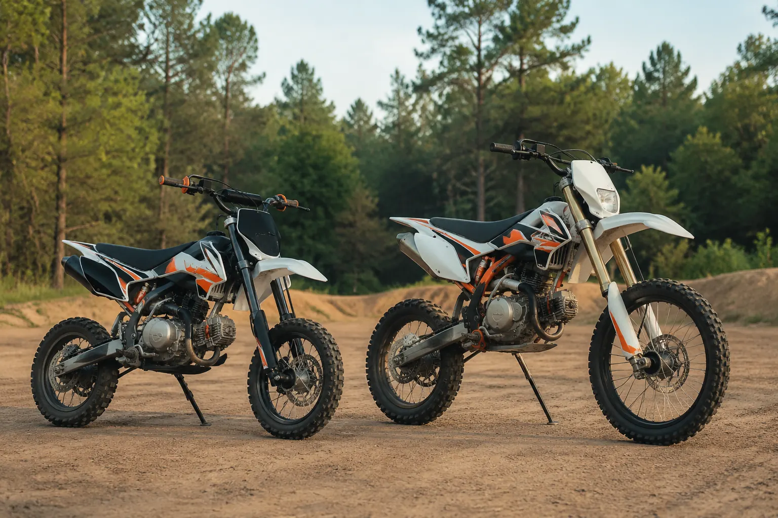 Two compact off-road motorcycles positioned for comparison