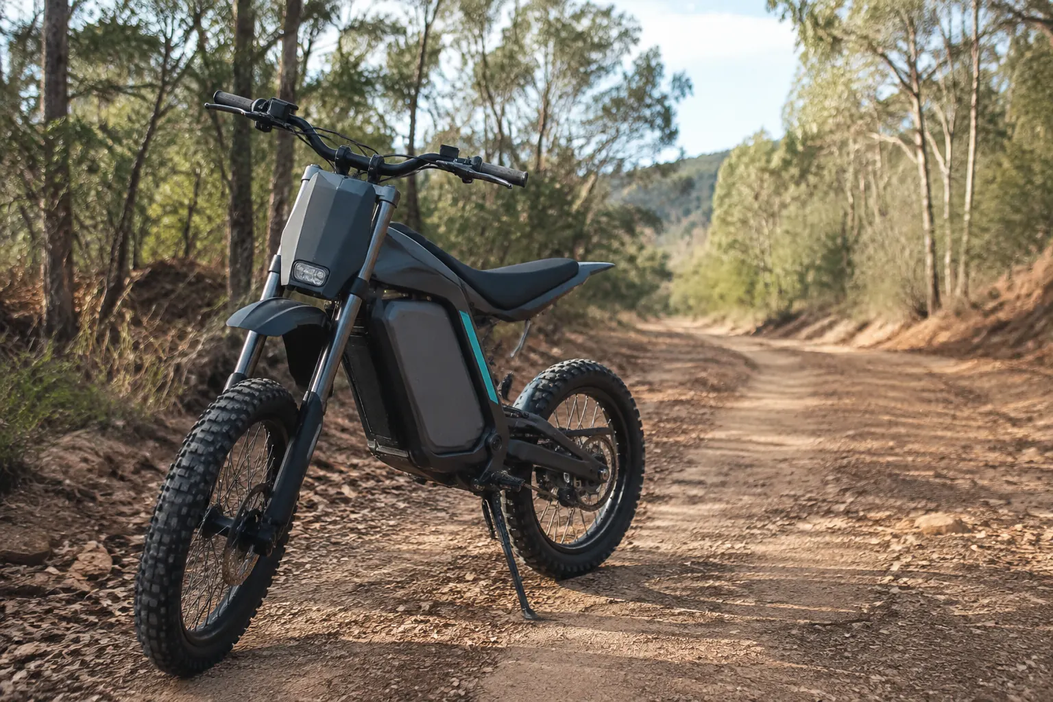 Compact electric off-road motorcycle on a dry trail