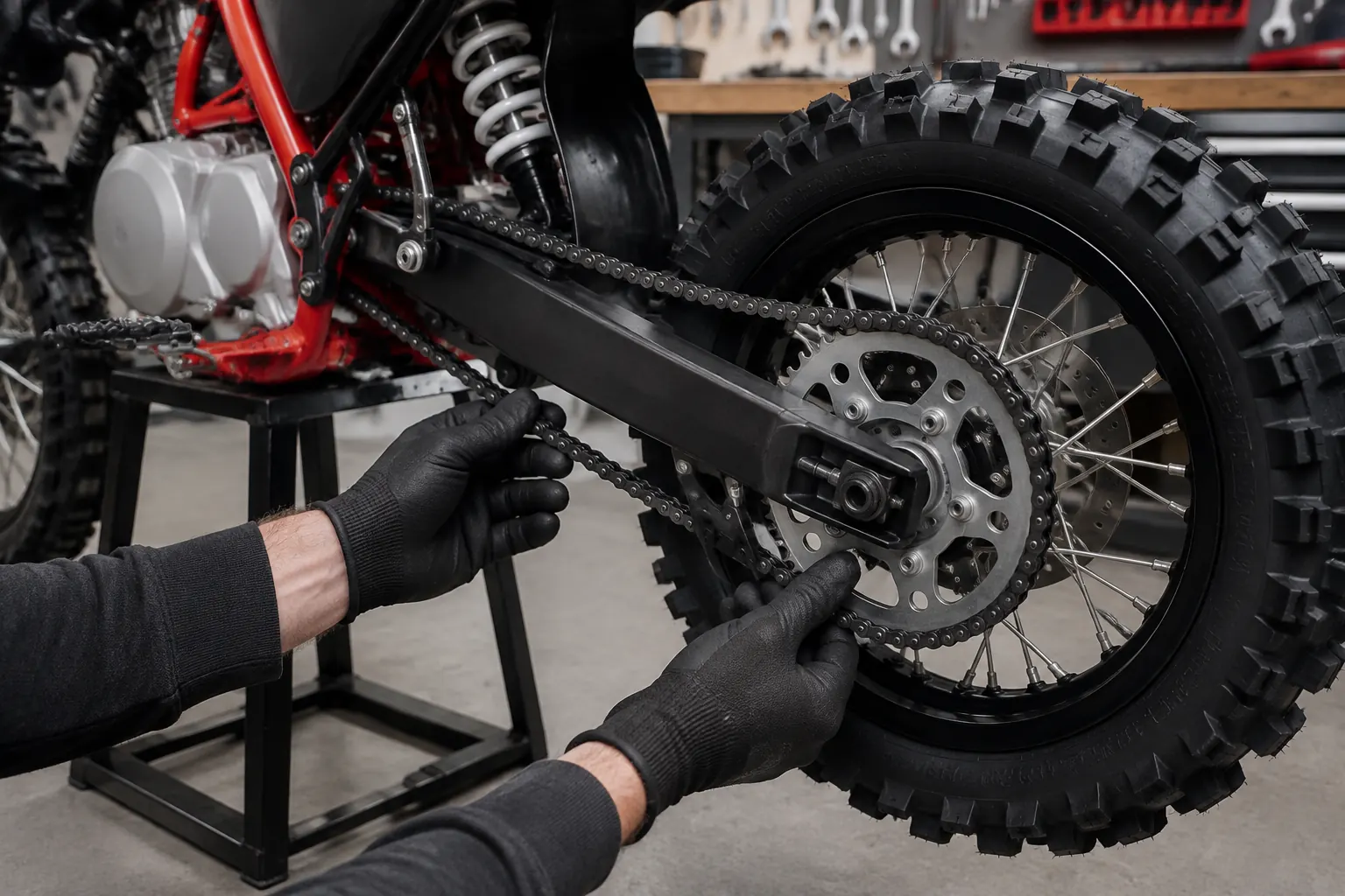 Pit bike chain being inspected in a workshop